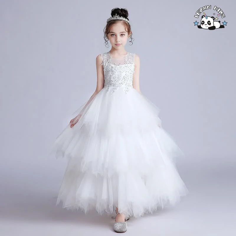 LEZONKIDS - Vestidos de Tule em Camadas com Bordados para Meninas para Casamento